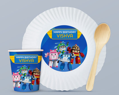 Robo Poli Theme Party Cups and Plates Combo