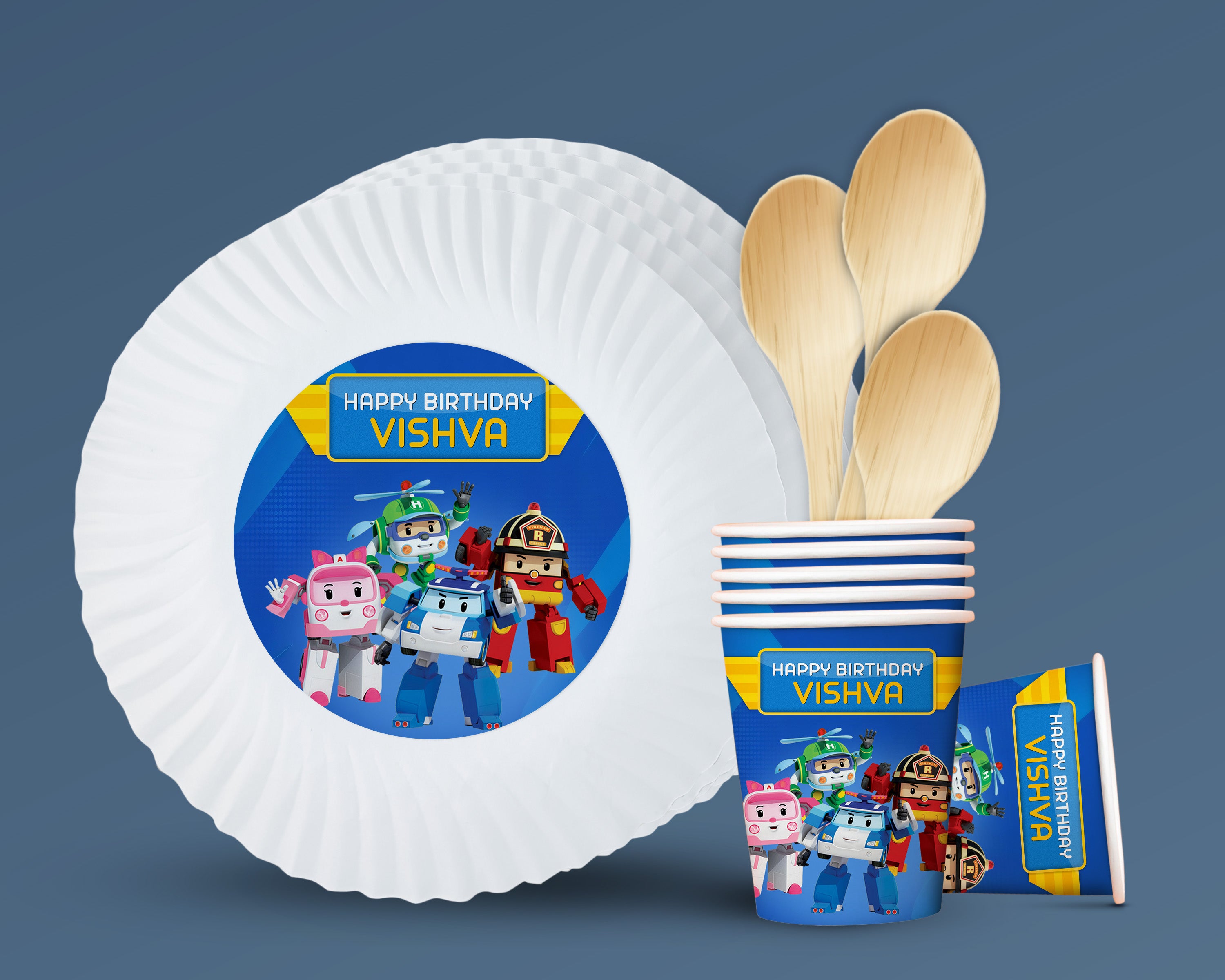 Robo Poli Theme Party Cups and Plates Combo