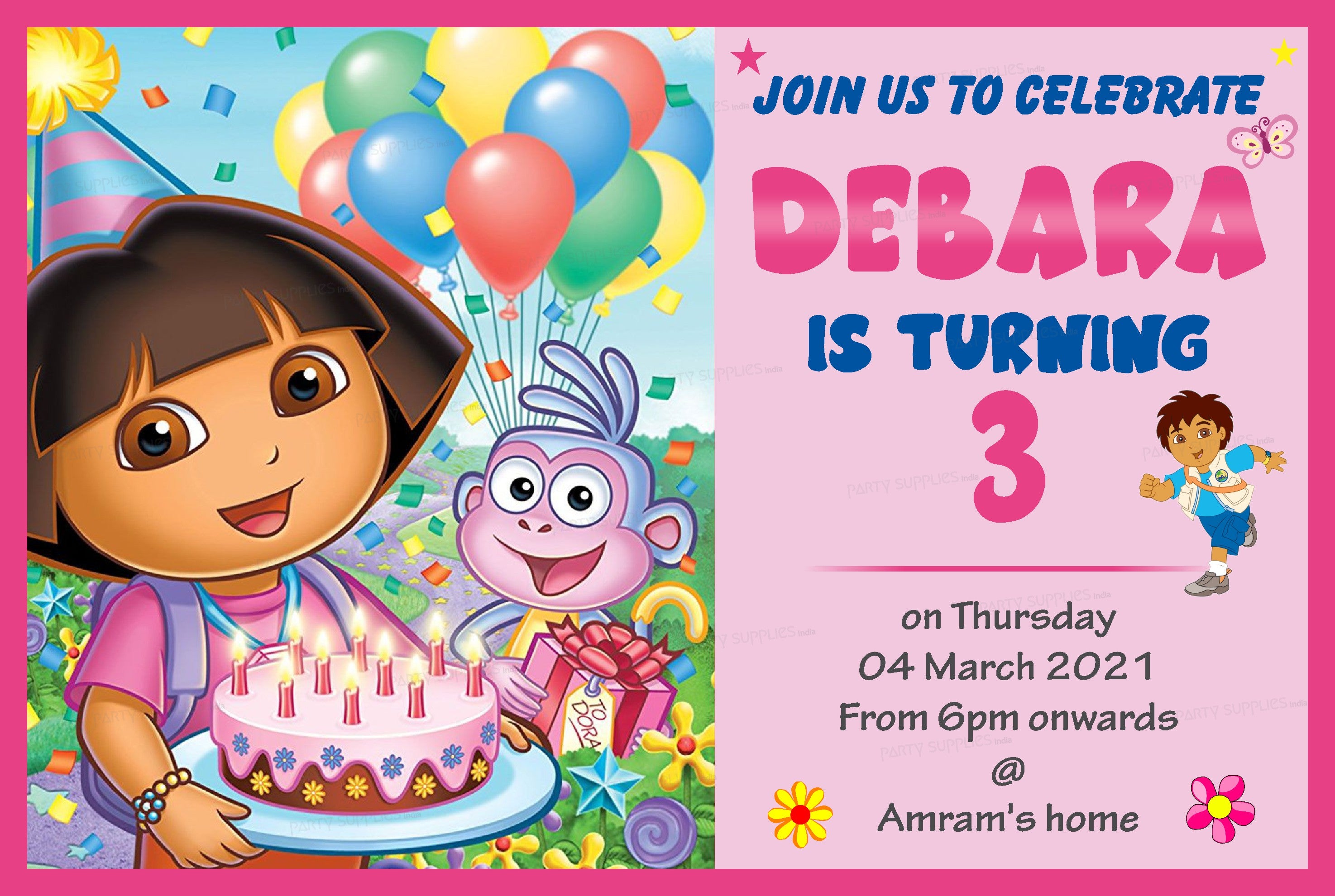 Dora Theme Invite | Personalized Birthday Party Supplies India